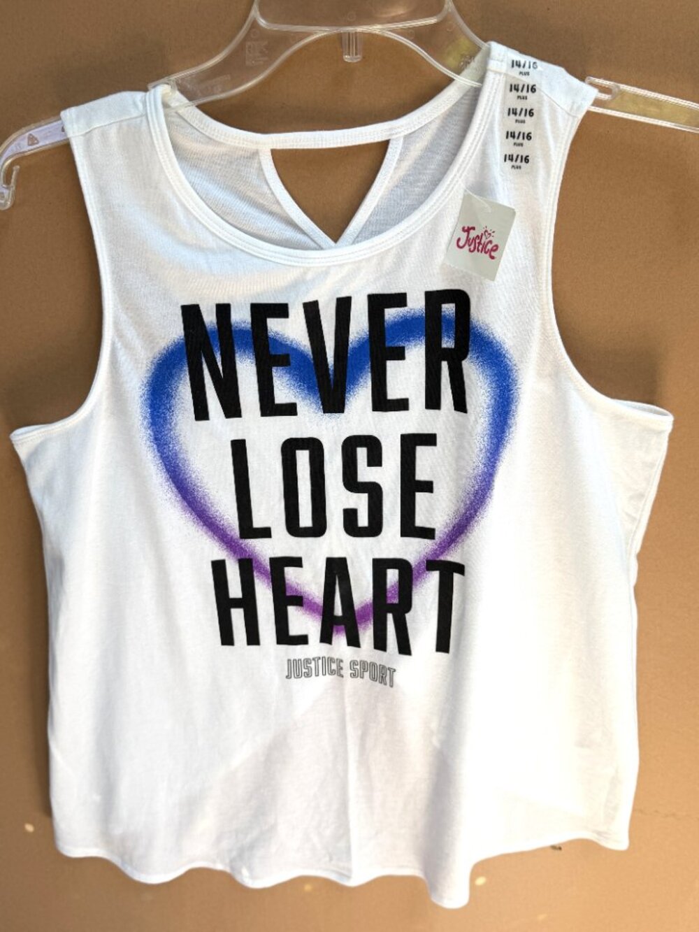 NWT Girls Justice Tank Top NEVER LOSE HEART-JUSTICE SPORT Size 14/16 Plus
